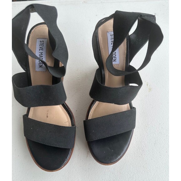 Steve Madden Black Blondy Wood Block Platform Wedge Elastic Stretch Sandals 7 - Picture 3 of 7